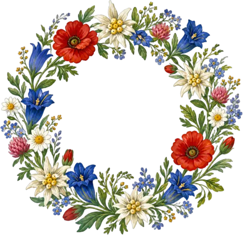 Wiesenkranz aus Enzian, Mohn und Margeriten