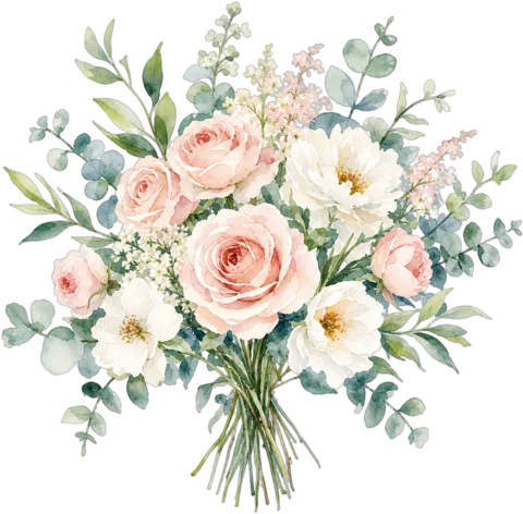 Aquarell-Strauß aus Rosen und Eukalyptus